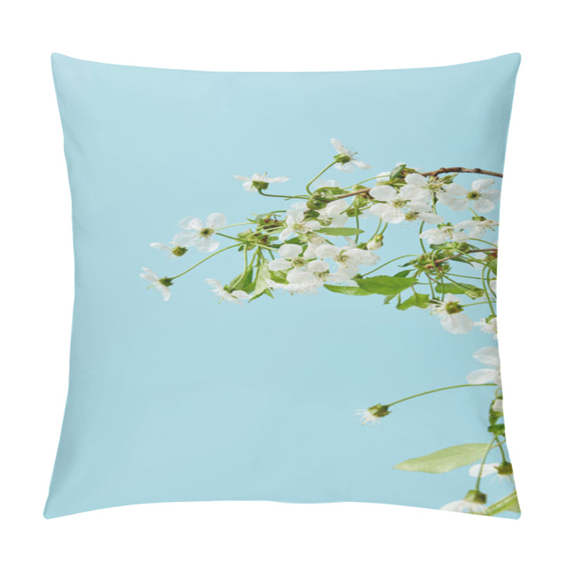 Personality  close-up shot of branch of aromatic cherry flowers isolated on blue pillow covers