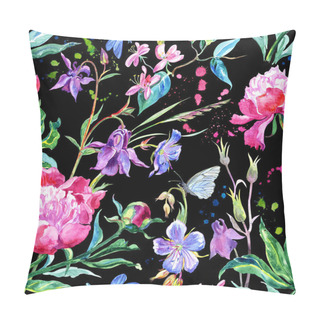 Personality  Seamless Pattern Of Peonies, Aquilegia, Honeysuckle, Geraniums, Dragonflies And Butterflies. Watercolor Floral Print With Insects. Pillow Covers