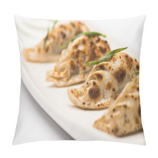 Personality  Close Up View Of Delicious Gyoza Served On Plate On White Background Pillow Covers