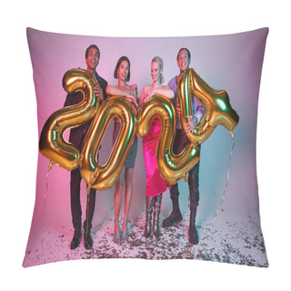 Personality  New Year Party, Joyful Interracial Friends In Festive Attire Holding Balloons With 2024 Numbers Pillow Covers