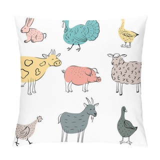 Personality   Set Of Farm Animals In Doodle Style Isolated On White Background.  Hand-drawn Illustrations. Pillow Covers