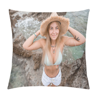 Personality  High Angle View Of Beautiful Happy Girl In Bikini Top And Straw Hat Smiling At Camera On Rocky Beach In Montenegro Pillow Covers