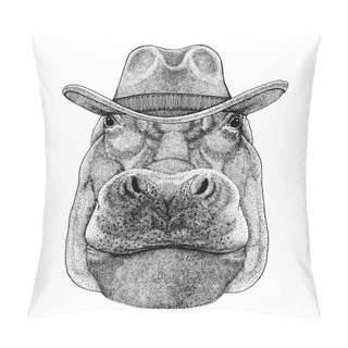 Personality Hippo, Hippopotamus, Behemoth, River-horse Wearing Cowboy Hat. Wild West Animal. Hand Drawn Image For Tattoo, Emblem, Badge, Logo, Patch, T-shirt Pillow Covers