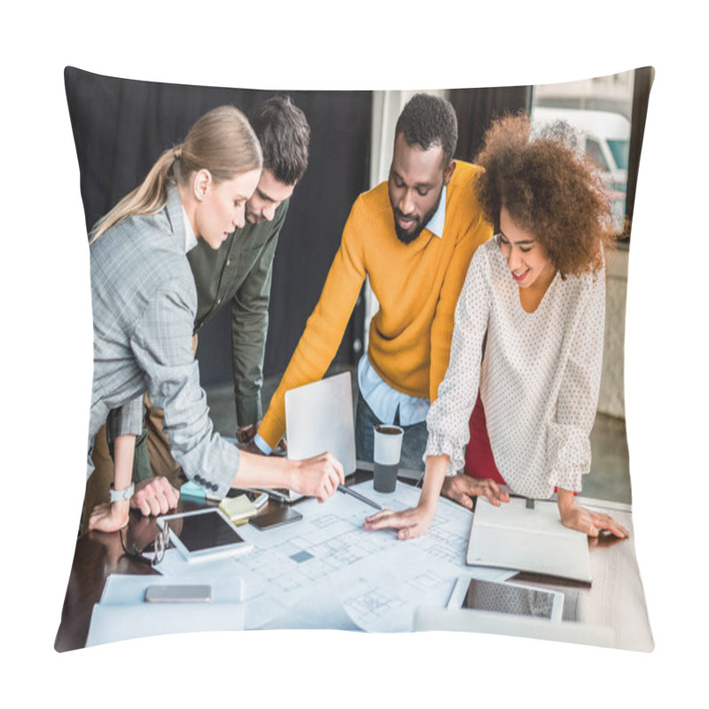 Personality  Multicultural Businesspeople Looking At Blueprint In Office Pillow Covers