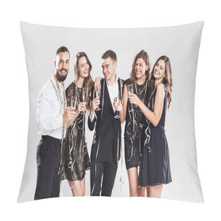 Personality  Girls And Guys Dressed In Stylish Elegant Clothes Smile Together Holding Glasses Of Champagne And Sparkles In Hands On The White Background Confiture Around. Party Time Pillow Covers