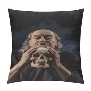 Personality  Thoughtful Religious Philosopher Looking At Camera Near Human Skull On Black Background Pillow Covers