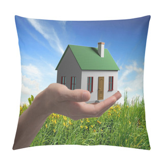 Personality  House In Hand On A Background Of Flowering Meadows 3 D Graphics Construction Pillow Covers