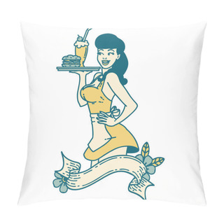 Personality  Tattoo In Traditional Style Of A Pinup Waitress Girl With Banner Pillow Covers