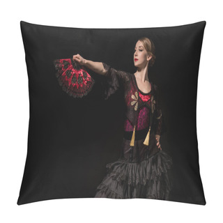 Personality  Elegant Woman Holding Fan And Dancing Flamenco Isolated On Black  Pillow Covers