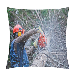 Personality  Professional Lumberjack Cutting A Big Tree In The Forest Pillow Covers