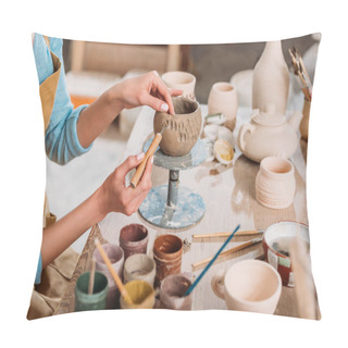 Personality  Cropped View Of Female Potter Decorating Ceramic Bowl In Workshop  Pillow Covers