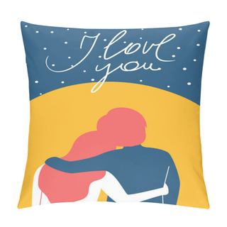 Personality  Cute Couple Hugs On Sun Shape With Lettering I Love You, Romantic Flayer For Valentines Day Simple Shape Style Pillow Covers