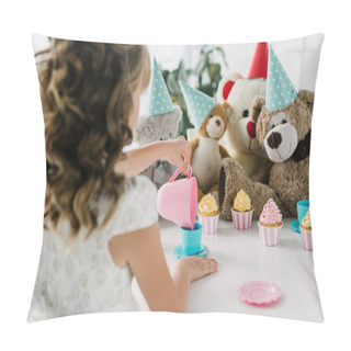 Personality  Rear View Of Birthday Kid Having Tea Party With Teddy Bears In Cones At Table With Cupcakes  Pillow Covers