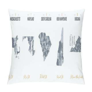 Personality  Vector Set 2 Of 10 Highly Detailed Silhouettes Of US State Maps, Divided Into Counties With Names And Territory Nicknames Pillow Covers