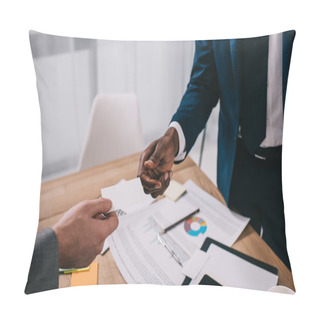 Personality  Cropped View Of Businessman Giving Visit Card To African American Partner Pillow Covers
