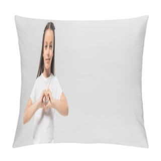 Personality  Happy Preteen Girl With Long Brunette Hair Standing In White T-shirt And Showing Heart Gesture With Hands Isolated On Grey Background, Child Protection Day Holiday, Banner  Pillow Covers
