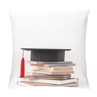 Personality  Academic Cap On Stack Of Different Books Isolated On White  Pillow Covers