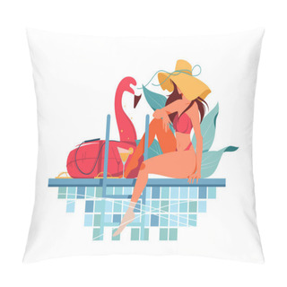 Personality  Attractive Young Woman Silhouette With Hat Near Pool Drinking Fresh. Pillow Covers