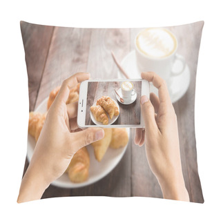 Personality  Taking Photo Of Fresh Baked Croissants And Coffee On Wood Table Pillow Covers