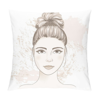 Personality  Young Woman Face. Digital Monochrome Sketch Portrait Of Beautiful Girl With Fancy Hair Bun. Pillow Covers