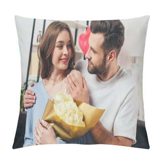 Personality  Happy Couple Celebrating St Valentine Day While Young Man Hugging Girlfriend With Roses Bouquet Pillow Covers