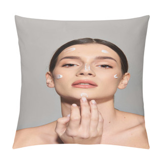 Personality  A Young Woman With Brunette Hair Poses In A Studio, Her Face Adorned With Intricate White Dots In An Artistic Display. Pillow Covers