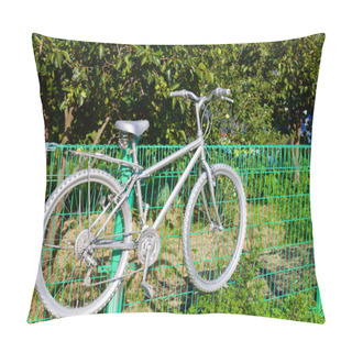 Personality  Yangyang County, South Korea - July 30th, 2019: An Old, Non-functioning Bicycle, Transformed Into A Piece Of Art By Being Painted Entirely Gray, Hangs Off A Fence Leading To Fruit Trees Near Dongho Beach, Symbolizing A Creative Repurpose. Pillow Covers