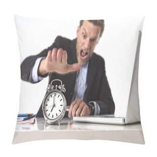 Personality  Exploited Businessman At Office Desk Stressed And Frustrated With  Alarm Clock In Out Of Time And Deadline Concept Pillow Covers