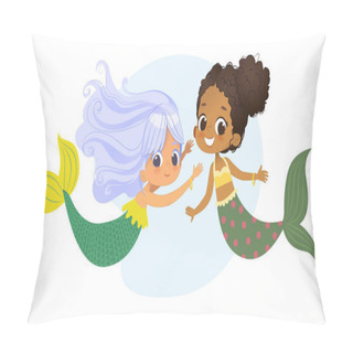 Personality  Mermaid African Caucasian Character Friend Nymph. Young Underwater African American Female Cute Mythology Princess Painting. Aquatic Isolated Marine Siren Drawing Flat Cartoon Vector Illustration Pillow Covers