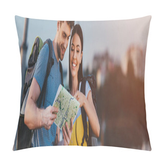 Personality  Panoramic Shot Of Handsome Man And Asian Woman Looking At Map Pillow Covers