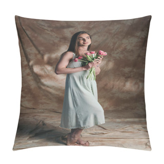 Personality  Full Length Of Stylish Queer Person In Sundress Holding Flowers On Abstract Brown Background  Pillow Covers