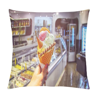 Personality  Italian Ice - Cream Cone Held In Hand On The Background Of  Shop  In Rome , Italy .It Is One Of The Best Ice Cream Place In Town Popular Among Tourists.  Pillow Covers