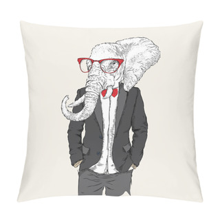Personality  Illustration Of Elephant Hipster Dressed Up In Jacket, Pants And Sweater. Vector Illustration Pillow Covers