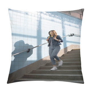 Personality  Young Stylish Female Tourist In Sunglasses With Backpack Going Downstairs At Subway  Pillow Covers
