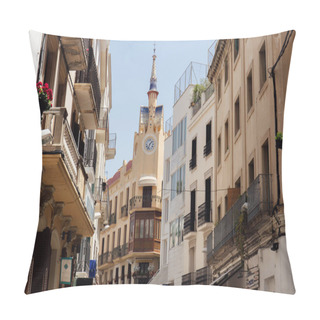 Personality  Urban Street With Clock On Chapel And Blue Sky At Background In Catalonia, Spain  Pillow Covers