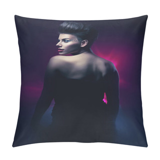 Personality  Brunette Woman With Red Lips In Dark Magenta Light Pillow Covers