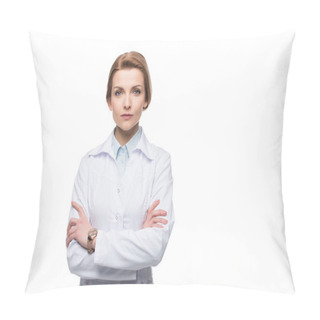 Personality  Young Attractive Female Doctor With Arms Folded Isolated On White Pillow Covers