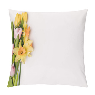 Personality  Flat Lay With Arranged Beautiful Tulips And Narcissus Flowers Isolated On White Pillow Covers