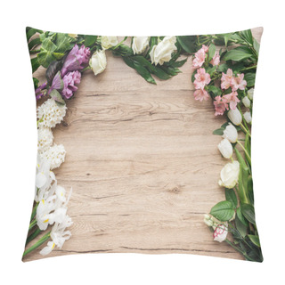 Personality  Top View Of Fresh Colorful Flowers On Wooden Surface Pillow Covers