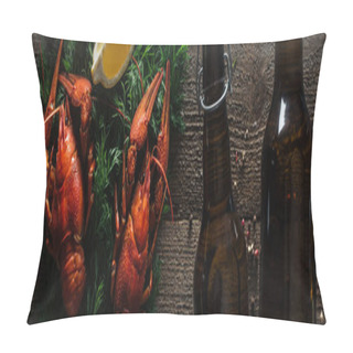 Personality  Panoramic Shot Of Red Lobsters, Lemon Slice, Dill And Glass Bottles With Beer On Wooden Surface Pillow Covers
