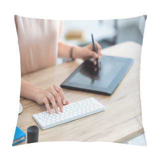 Personality  Cropped Image Of Female Freelancer Drawing On Graphic Tablet At Table With Computer In Home Office  Pillow Covers