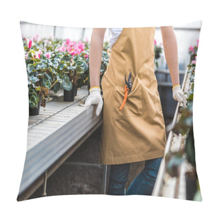 Personality  Close-up View Of Male Gardener Among Cyclamen Flowers In Greenhouse Pillow Covers