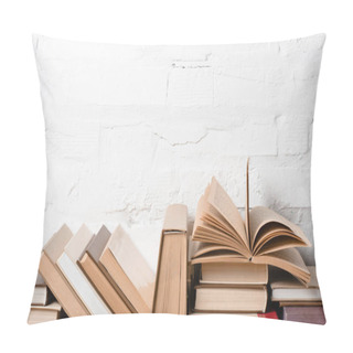 Personality  Books With Hardcovers Near White Brick Wall   Pillow Covers