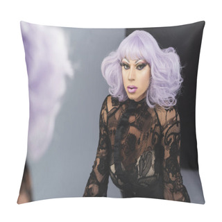 Personality  Mirror Reflection Of Drag Queen In Purple Wig And Black Lace Clothing Pillow Covers