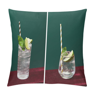 Personality  Collage Of Glasses With Drink With Ice, Mint, Lime And Striped Drinking Straw Isolated On Green Pillow Covers