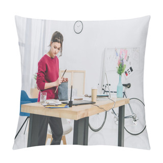 Personality  Young Woman With Illustrations By Working Table With Computer Pillow Covers