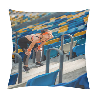 Personality  High Angle View Of Tired Young Woman Relaxing On Stairs At Sports Stadium Pillow Covers