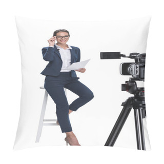 Personality  Newscaster Sitting In Front Of Camera Pillow Covers