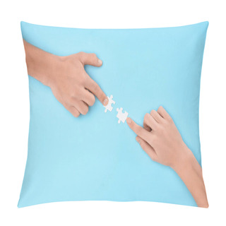 Personality  Cropped Shot Of Man And Woman With White Puzzle Pieces On Blue Backdrop, Cooperation Concept Pillow Covers