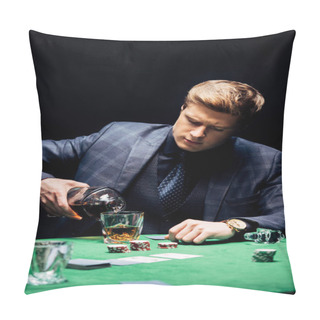 Personality  KYIV, UKRAINE - AUGUST 20, 2019: Selective Focus Of Man Pouring Whiskey In Glass Near Playing Cards Isolated On Black  Pillow Covers